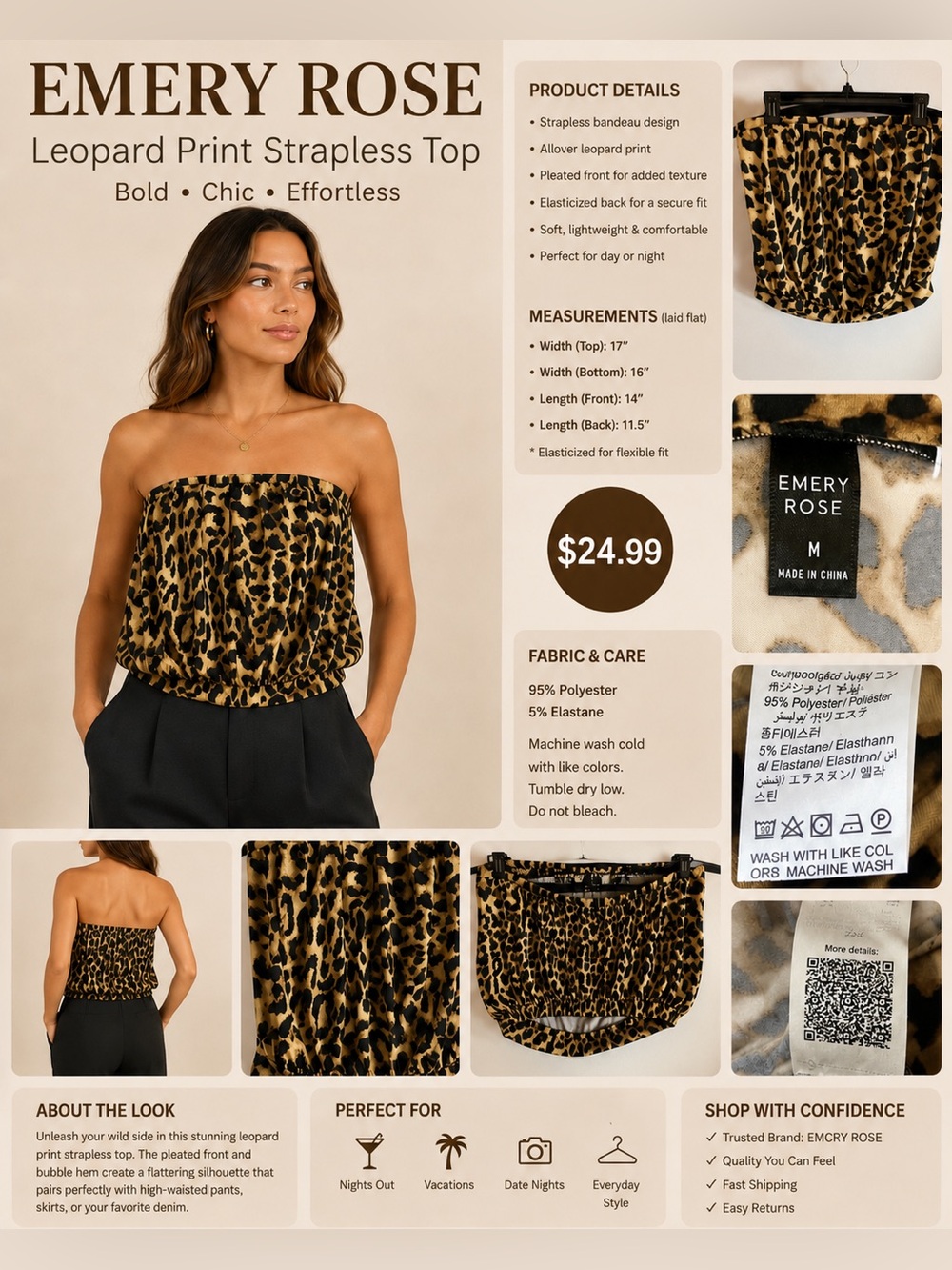 Emery Rose Leopard Print Strapless Camisole - Brown Leopard